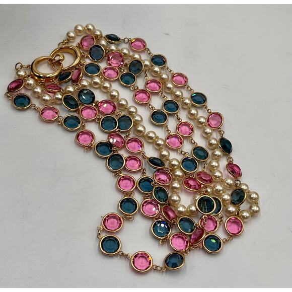 D.S. Co. Daniel Swarovski Vintage Triple Strand Pearl Pink Blue Crystal Necklace - Picture 5 of 11